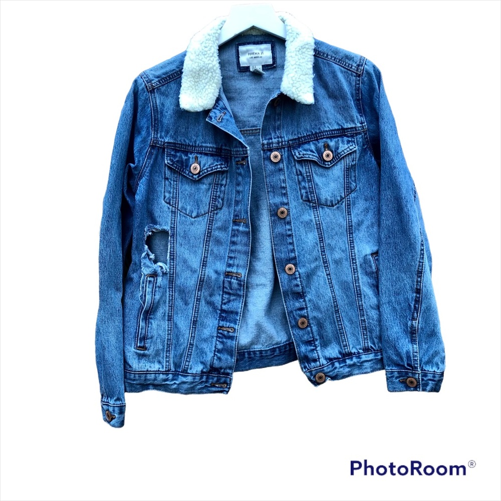 Forever 21 Jean Jacket Denim Coat Sherpa Collar  Sz. Small